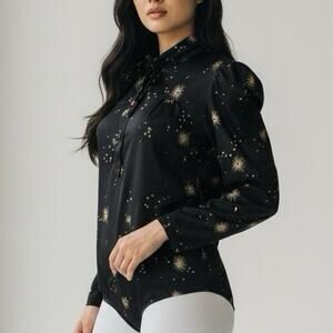 VTG 70s Le Bourget Bodysuit 44 Black Gold France Disco Celestial Metallic Rare